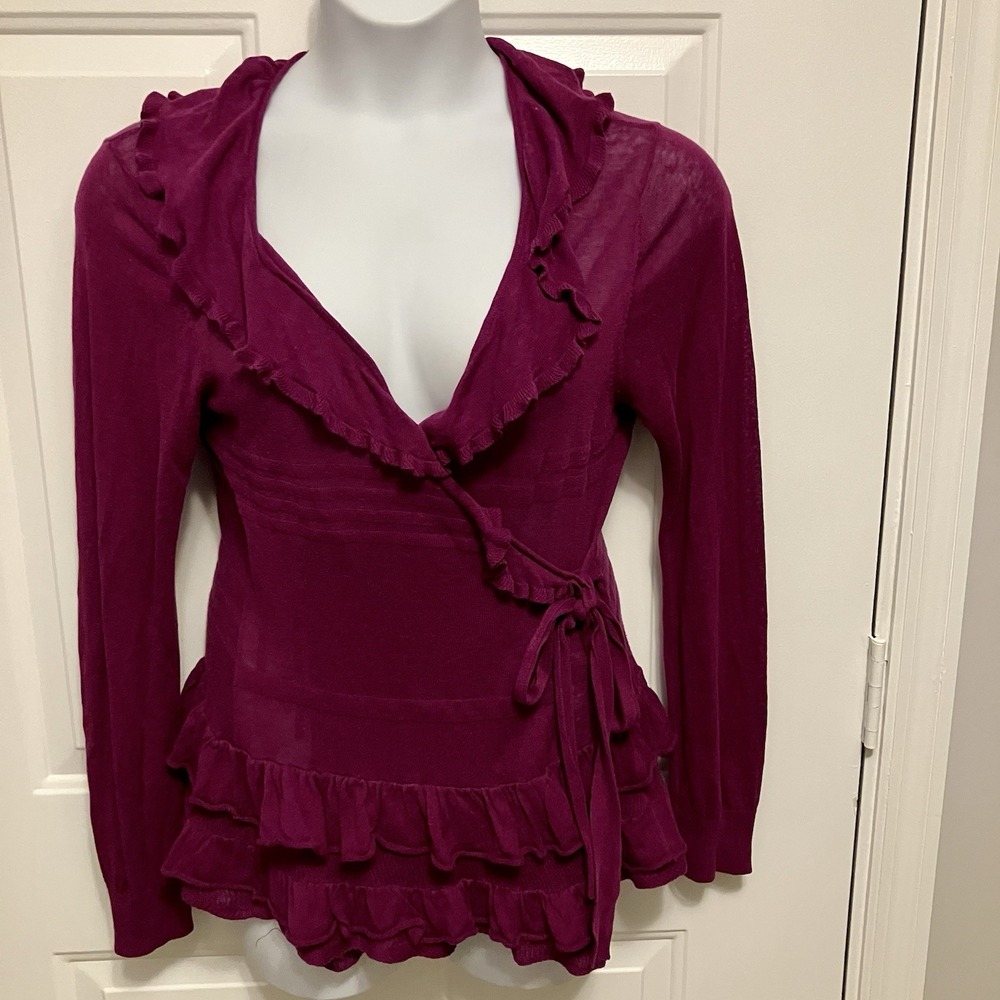 Guinevere Anthropologie Sz Large Cardigan Women's Magenta Purple Ruffle Sweater